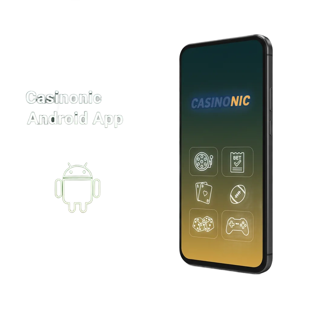 Casinonic Android app on a smartphone with slots and cards, highlighting install steps, fast login, and payment options.