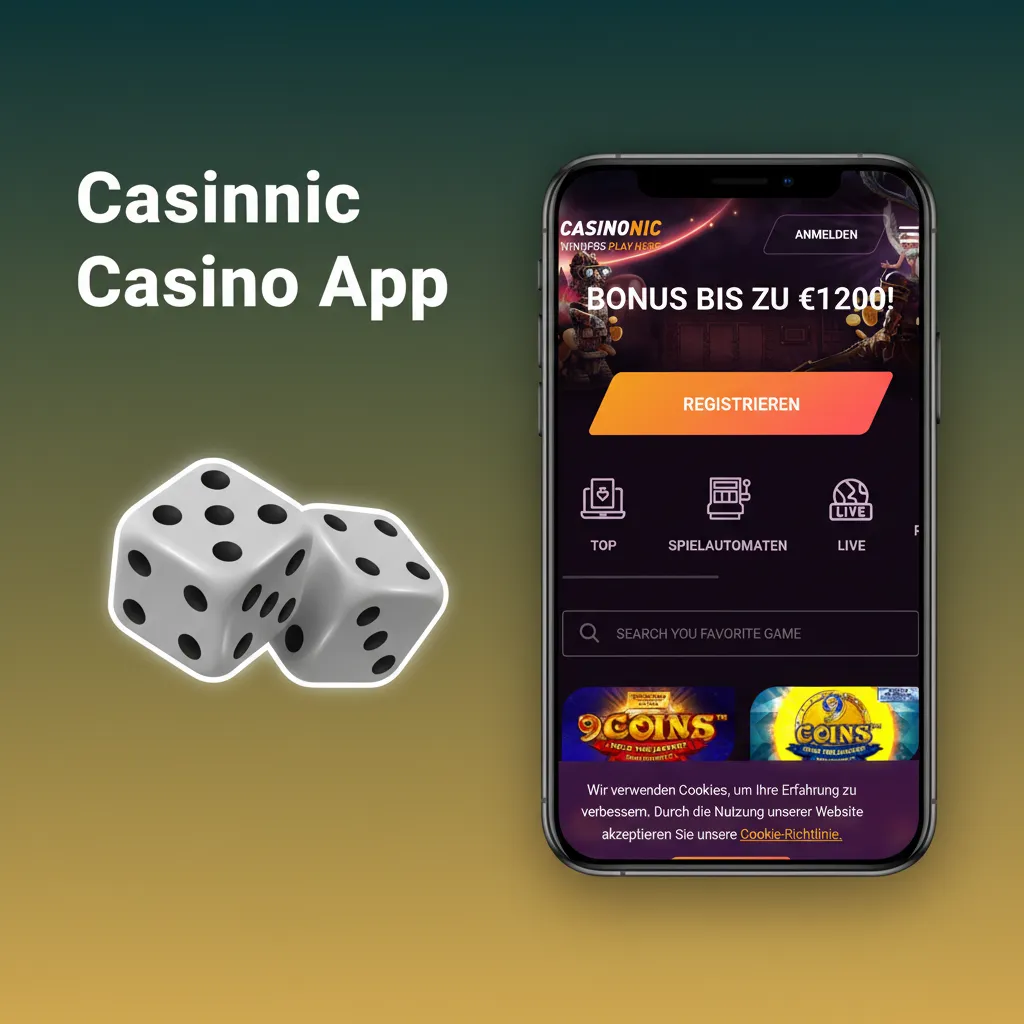 Casinonic app showing slots like Book of Dead, live roulette/blackjack, and bonus offers on mobile.