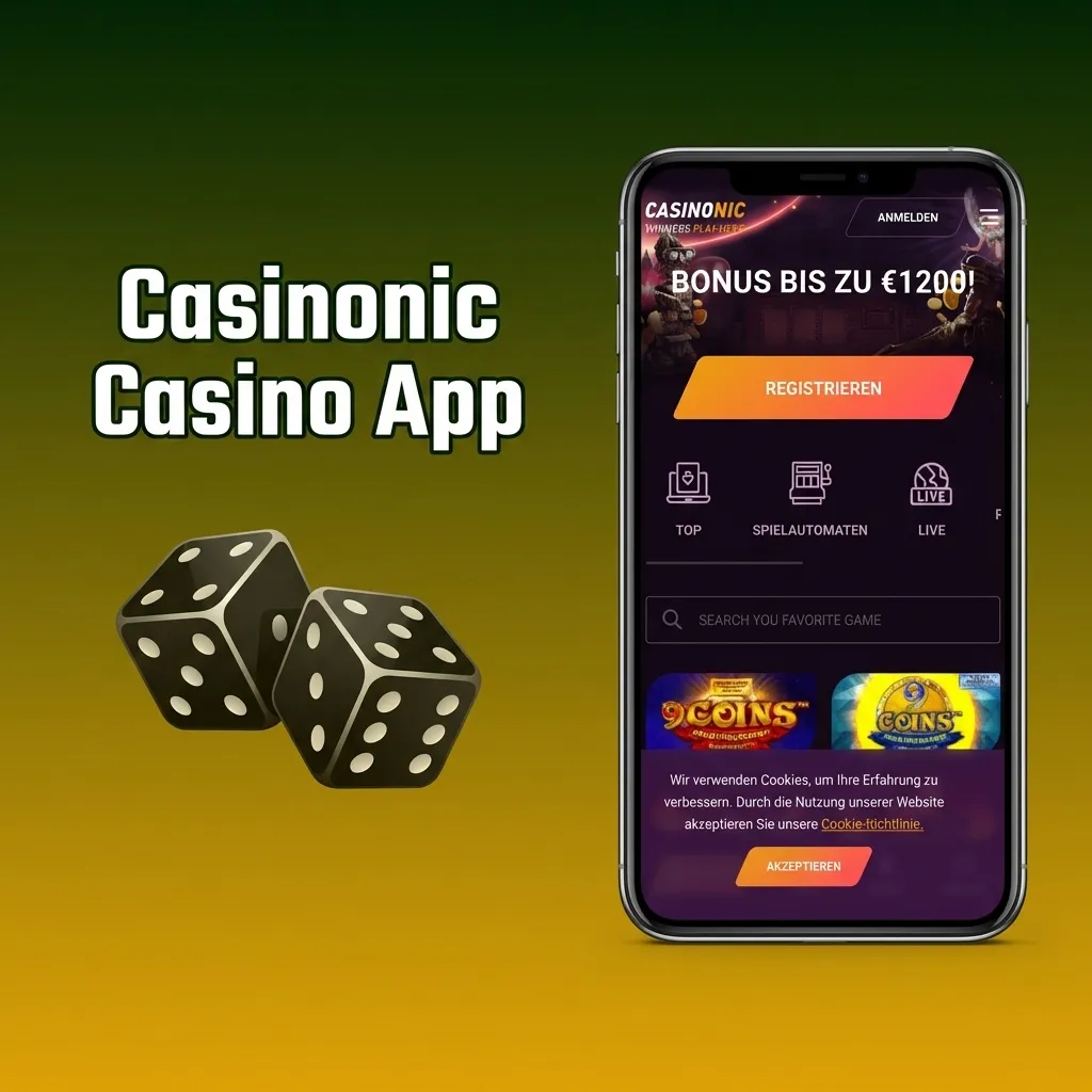 Casinonic Casino App interface showing slots, table games, and live dealer options from top gaming providers.