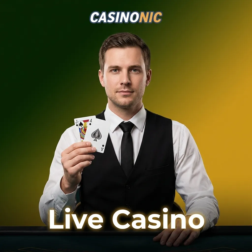 Professional live casino dealer at gaming table streaming in HD with cards and roulette wheel visible