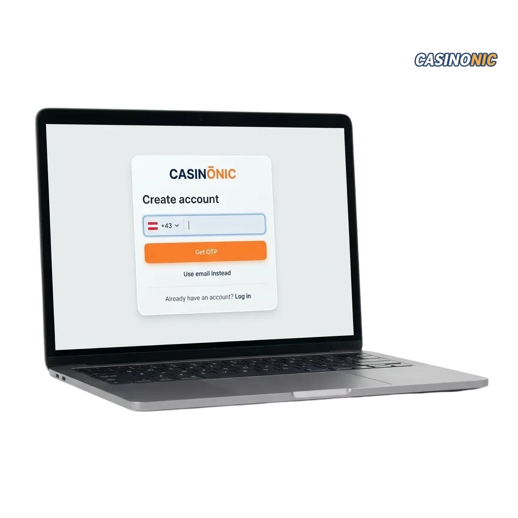 Casinonic registration interface showing sign-up options for Austrian players to access casino games and sports betting