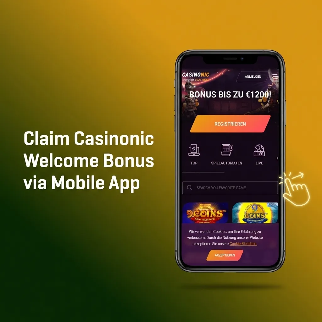 Casinonic mobile app interface showing welcome bonus claim process on smartphone screen