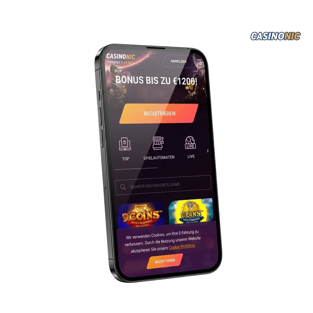Casinonic mobile app download page showing casino games, payment options, and €1200 welcome bonus for Austrian players.
